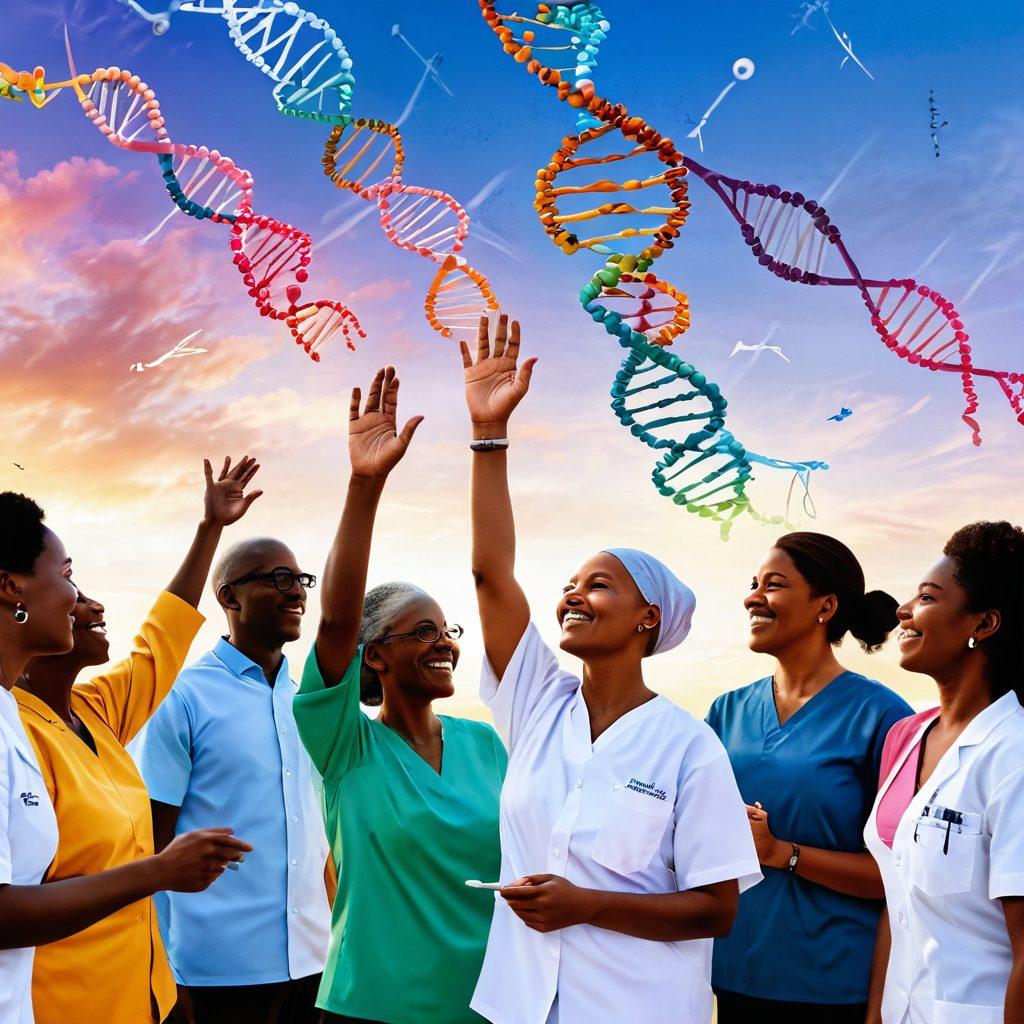 A diverse group of people, including patients and researchers, engaged in a lively discussion under a bright, open sky, symbolizing hope and empowerment. In the background, vibrant representations of cancer research advancements, like DNA strands and lab equipment, are artfully intertwined with supportive hands reaching out towards others. The scene exudes warmth and optimism, showcasing the collective strength in overcoming cancer. super-realistic. vibrant colors. warm tones.