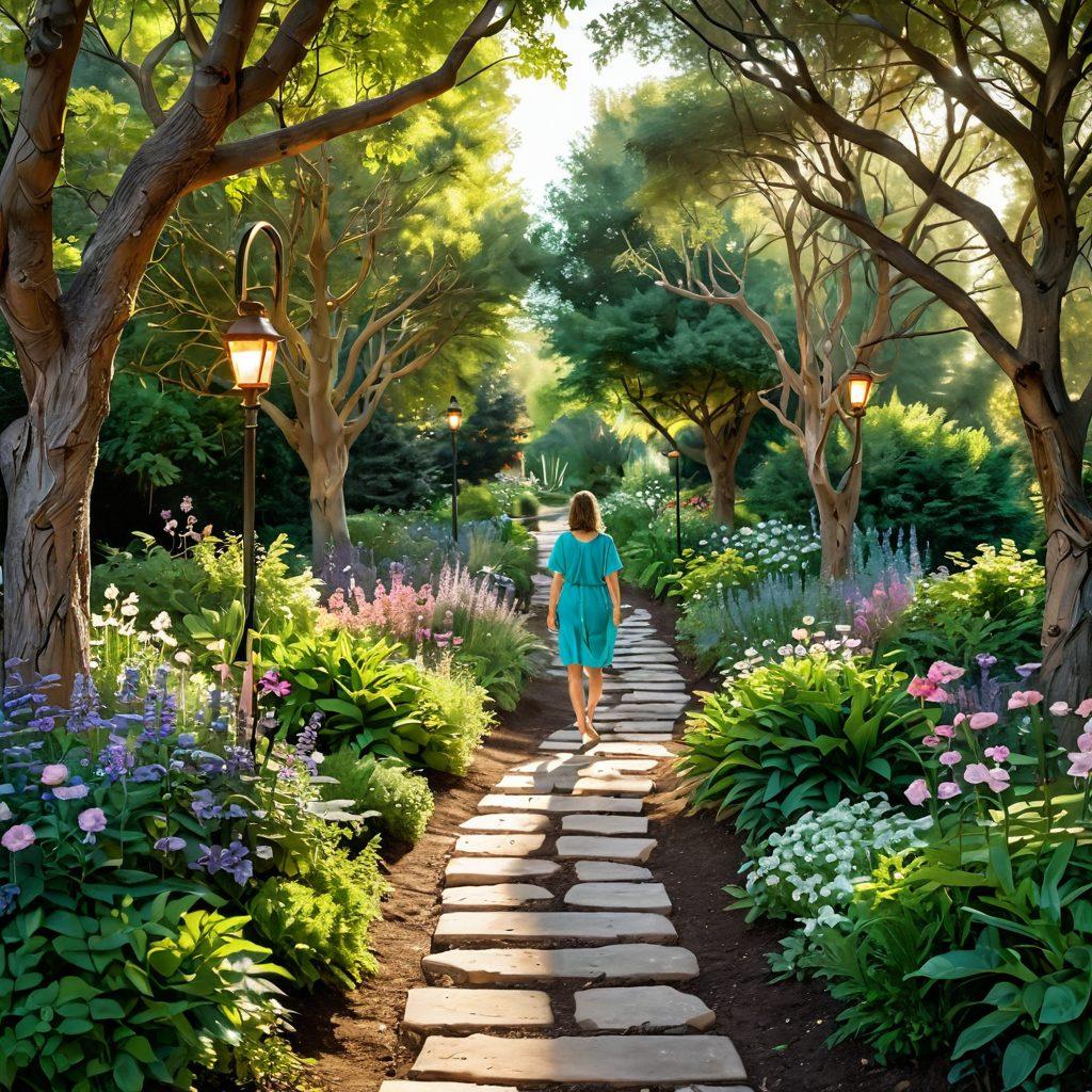 A serene pathway meandering through a lush garden, symbolizing the cancer journey, with various signposts labeled with treatment options and empowerment resources. In the foreground, an empowering figure holding a lantern, representing hope and guidance on this journey. Soft sunlight filtering through the trees, casting gentle light on the scene. Illustrate a sense of tranquility and hope. super-realistic. vibrant colors. 3D.