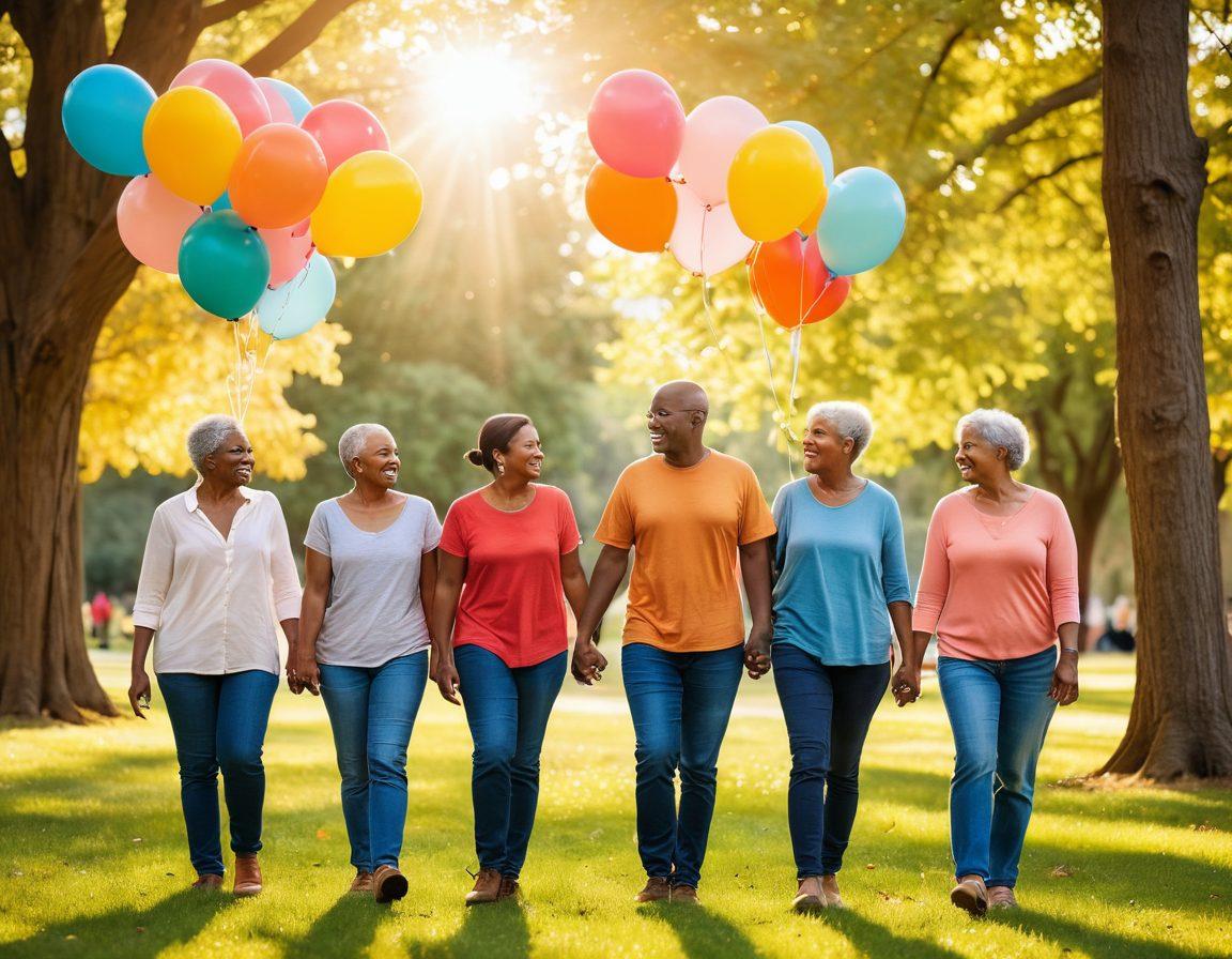 An inspiring scene depicting a diverse group of cancer survivors sharing supportive stories in a sunny park setting, showcasing hope and camaraderie. Include elements like a ‘Hope’ banner, colorful balloons, and warm sunlight filtering through the trees, emphasizing a sense of community and resilience. The survivors should have different ages and backgrounds, smiling and engaged in conversation. vibrant colors. super-realistic. soft light.